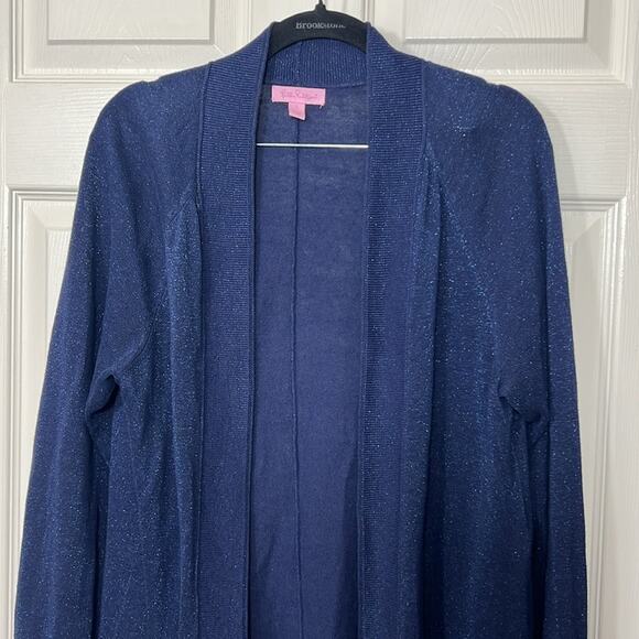 Lilly Pulitzer Micaila Cardigan Sweater Navy Metallic Open Longline Tulip Hem - Picture 3 of 11